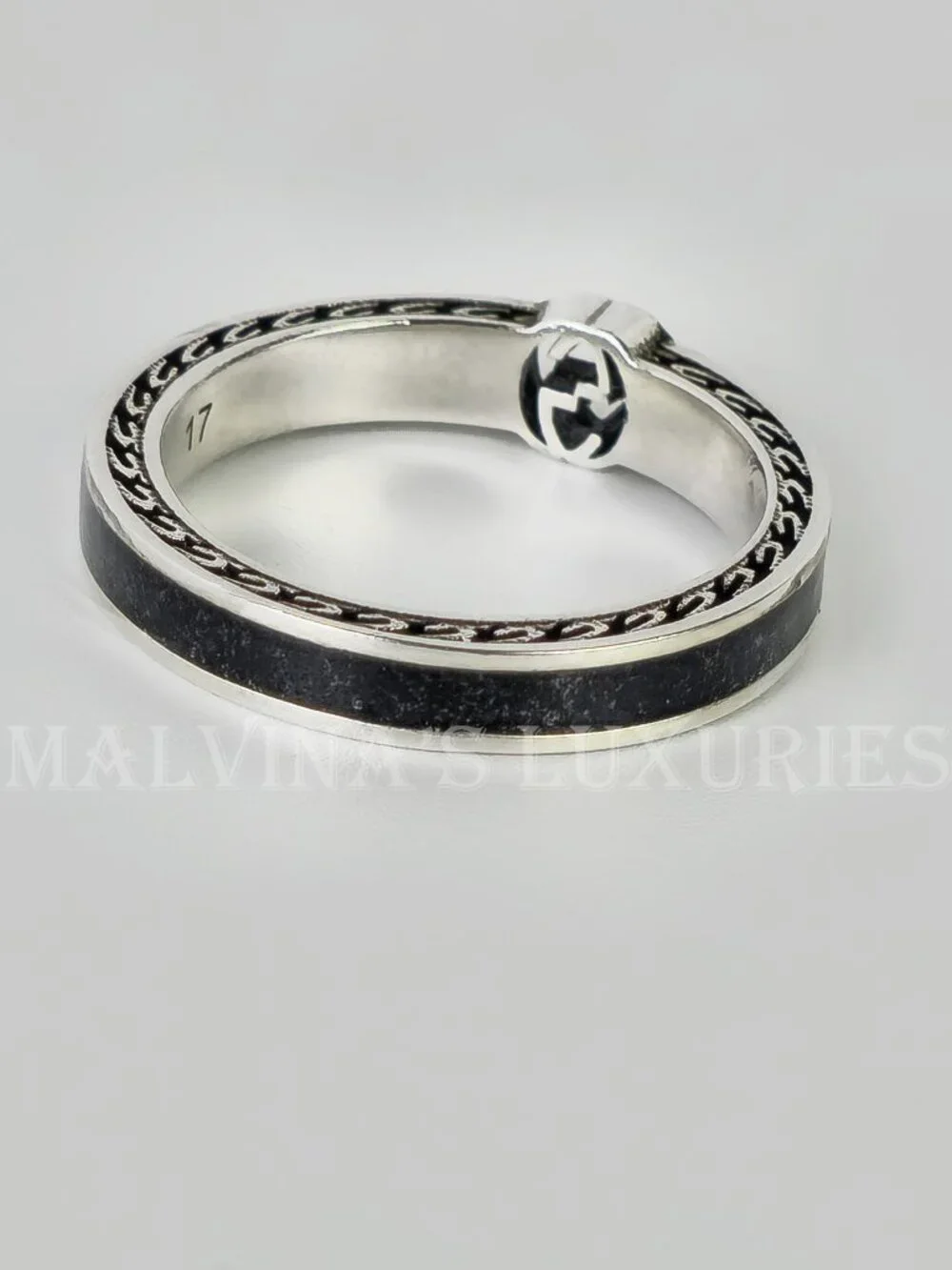 GUCCI RING STERLING SILVER w BLACK ENAMEL INTERLOCKING GG LOGO sz 17 US 8